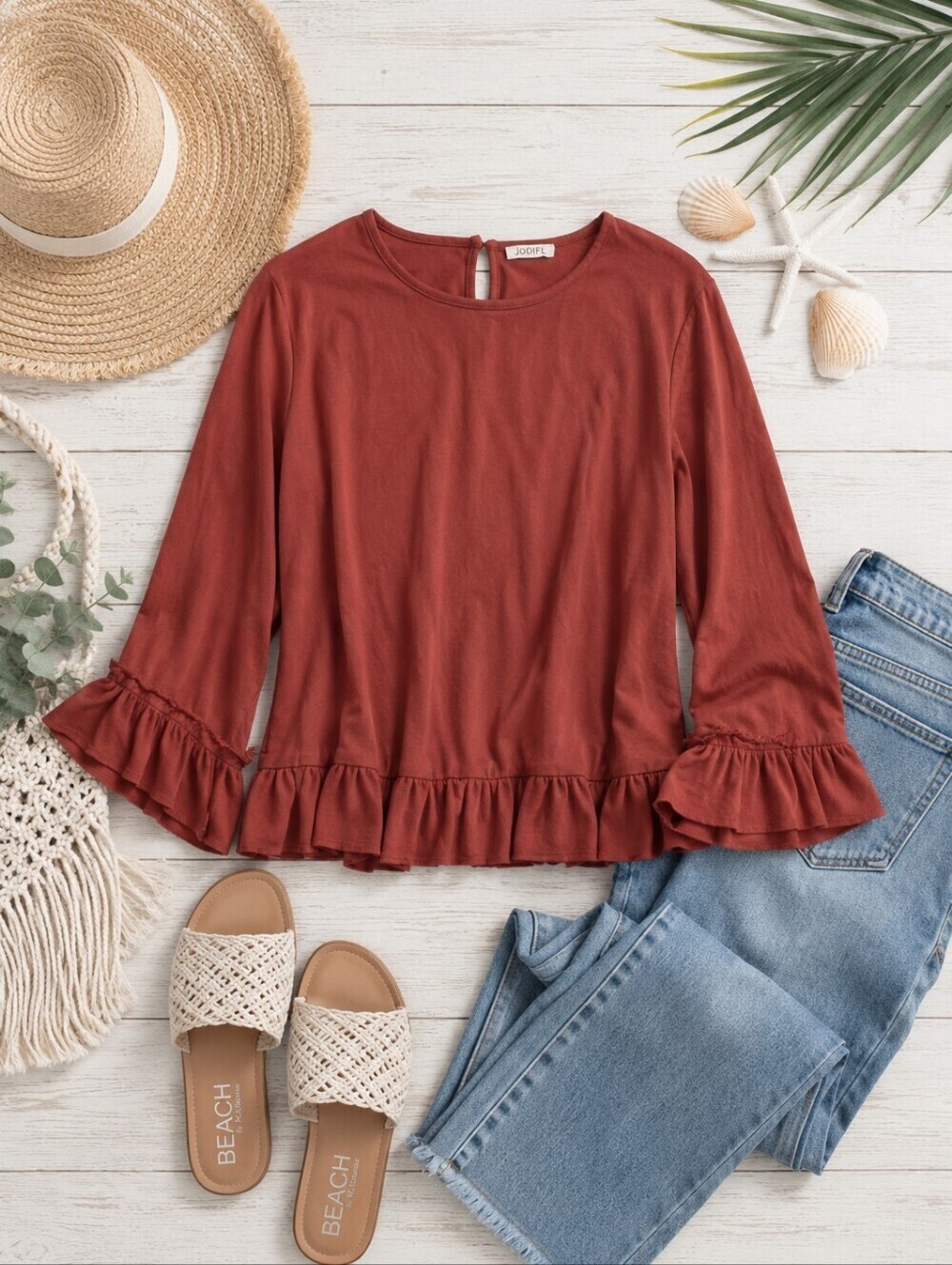 🩵 JODIFL Rust Ruffle Hem Bell Sleeve Blouse Size Large Boho Chic Top